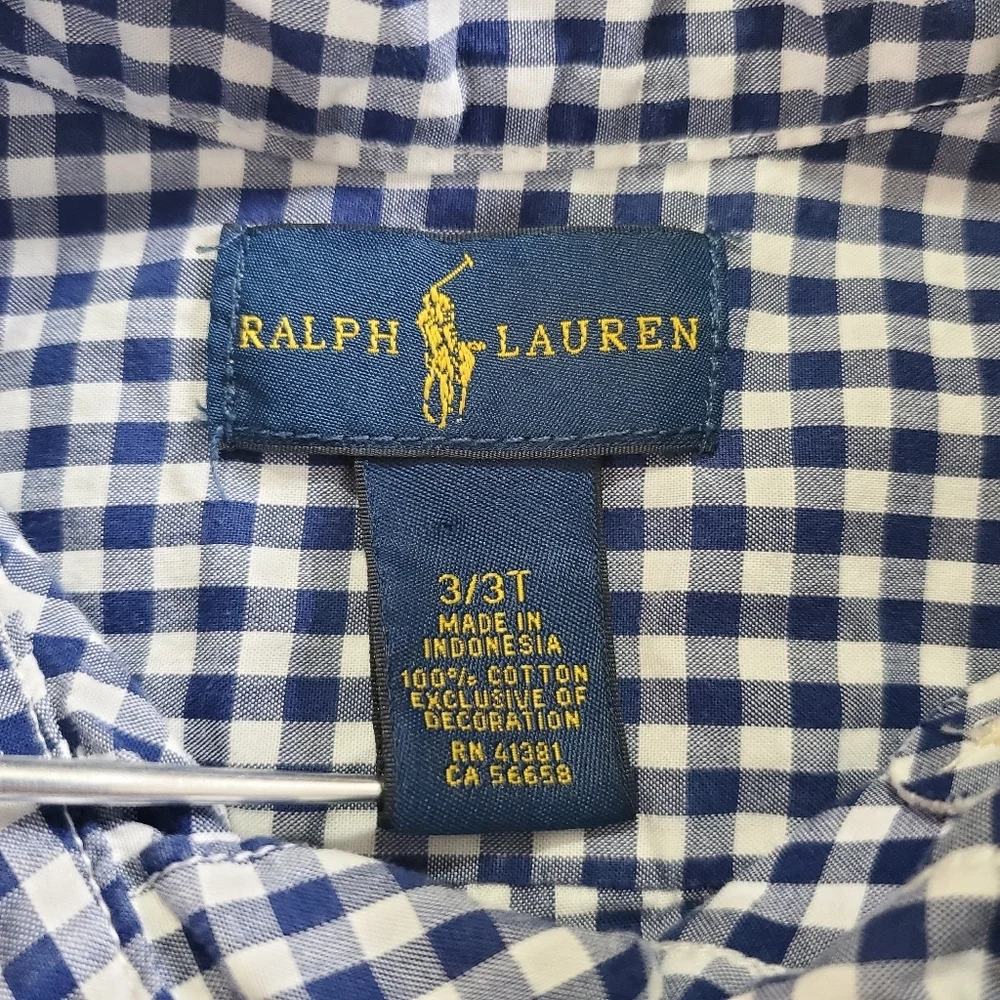 K1414 * Ralph Lauren Boys Gingham Check Button Down Shirt Blue White Size 3T